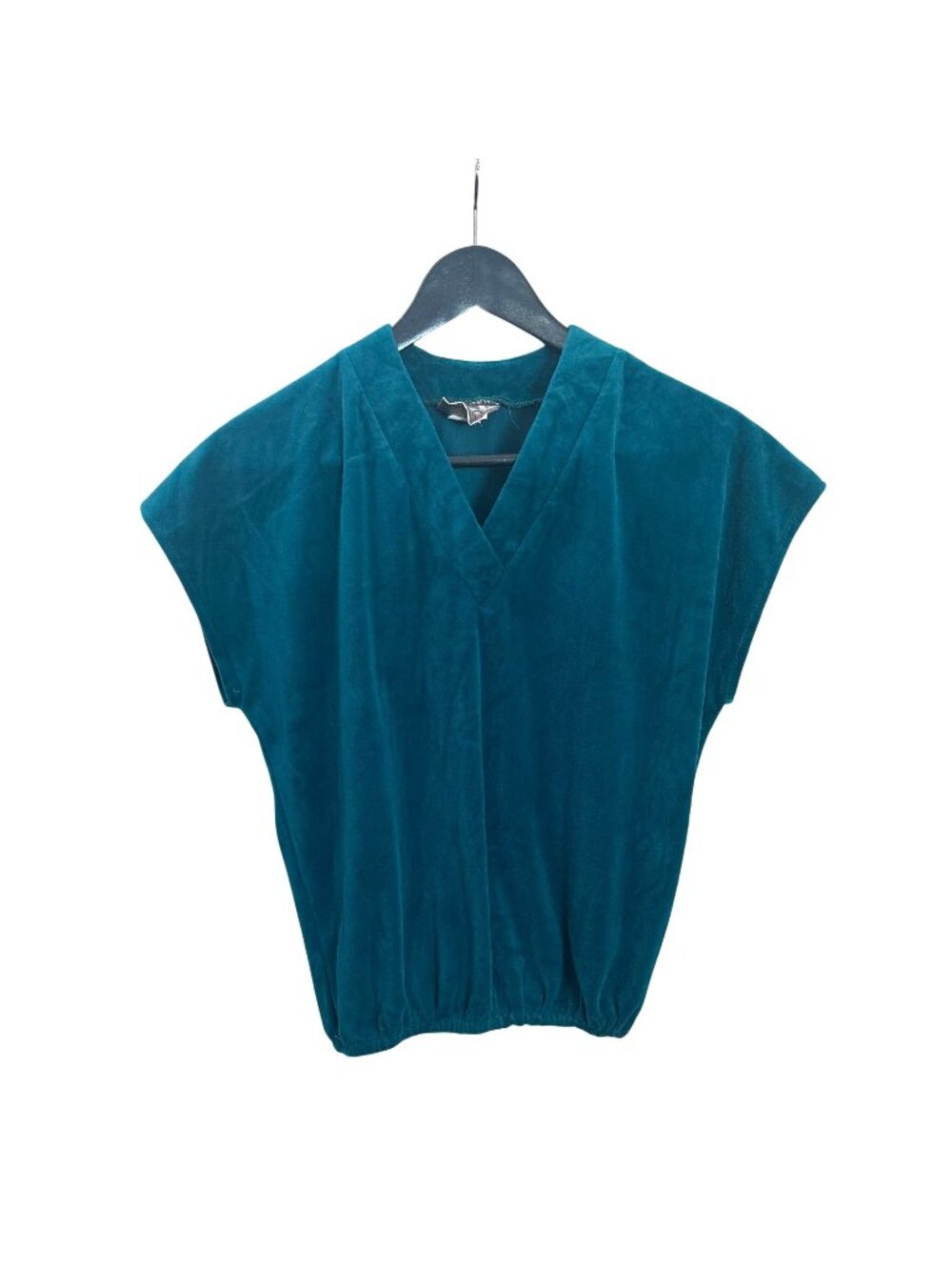 Vintage 80s Green Velour V Neck Short Sleeve Top Small